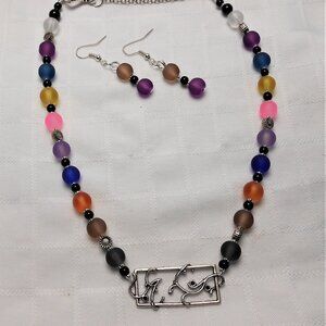 No1094 Handmade necklace with Tibetan silver charm, glass and earrings